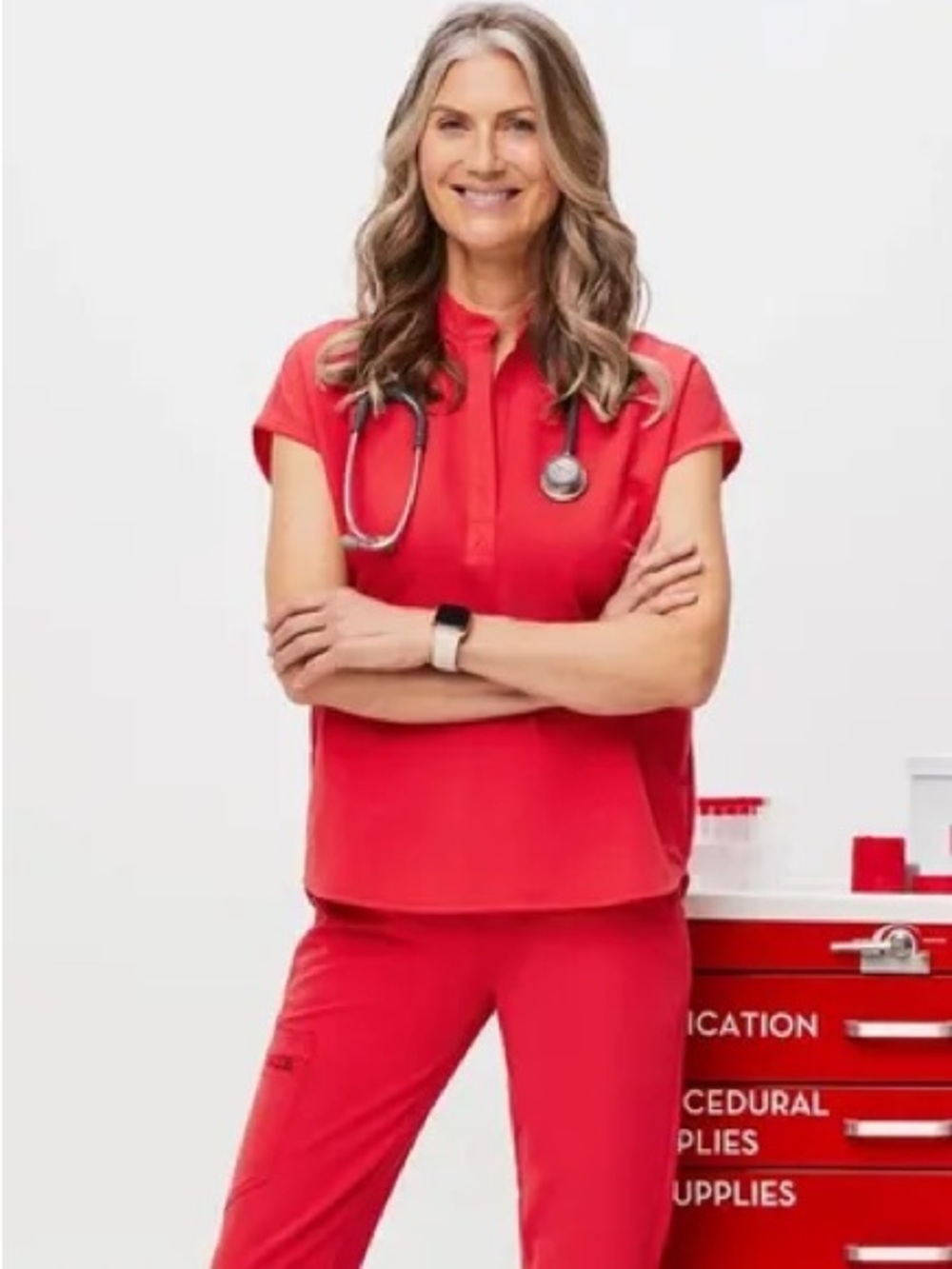 FIGS Women's Neon Red Rafaela Scrub Top Small